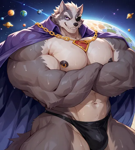 kemono, by null-ghost, by zixiong, solo, male, wolf o'donnell, purple eye, black eye patch, anthro, black nipples, big nipples, gold nipple rings, sweaty, handsome, broad chest, broad shoulders, muscular, black thong, posing, bedroom eyes, smile, fangs, ma...