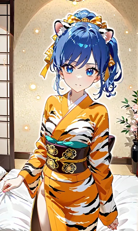 sfw, Kiriya Aoi, a girl wearing a very beautiful tiger kimono, tiger kimono, luxurious obi, clothes, small breasts, New Year's, blue hair, blue eyes, side ponytail,, best shot, up from the chest, gaze, , NO nude: 2.2,