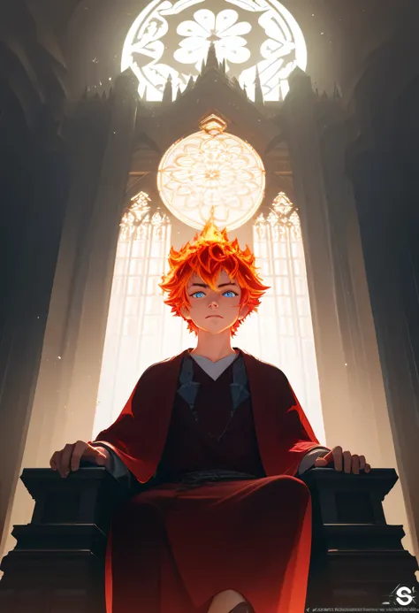 a cute young boy 11yr,messy short fire hair,angry,sharp gaze glow blue eyes,fire hair,from front below,in throne castle,wearing robe,perfect face,hd,4k,8k,dynamics lighting,perfect lighting,realistic