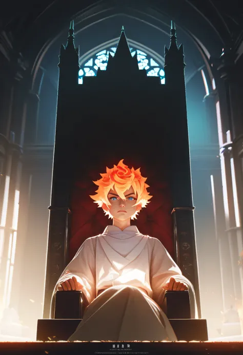 a cute young boy 11yr,messy short fire hair,angry,sharp gaze glow blue eyes,fire hair,from front below,in throne castle,wearing robe,perfect face,hd,4k,8k,dynamics lighting,perfect lighting,realistic