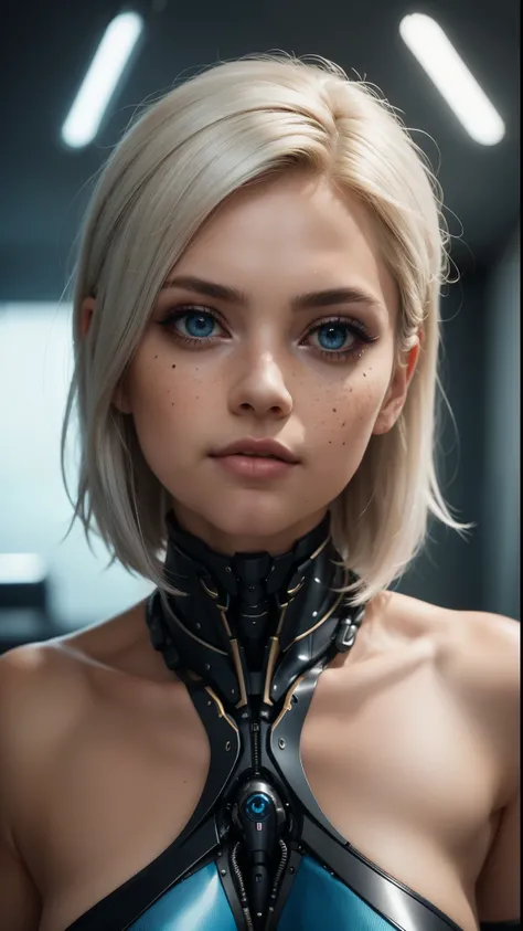 8 k,  masterpiece,  RAW Photo,  member of the best quality, фото realistic,  high resolution,  middle-aged ,  cinematic light , glare,  ray tracing,фотореалистичный  masterpiece , Gwen is a sexy organic humanoid with a biomechanical body and white hair , v...