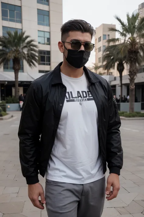 A guy wearing black jacket, black t-shirt, black facemask, black sunglass. Fair skin, gym big body. Trim the hair on both sides of the head. Designer stubble. Handsome look. Standing in Dubai outside.