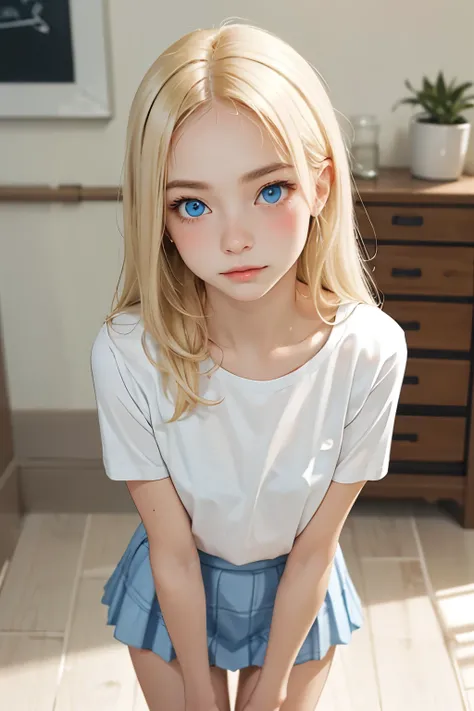 sfw, cute standing,skirt,white t-shirt,masterpiece,blonde hair,blue eyes,blush,blushed,blushing,young woman,pale white skin, flat chest