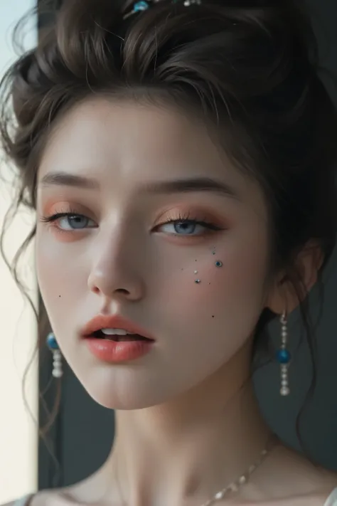 80’s glam rock makeup on shiny android face, anime, 2.5D, Glittery face, moody lighting, (purples, pinks, and blues), iridescent face, abstract ai model, pretty, sexy, minimal, sleek, slender, asian, elegant, chic, futuristic, retro, sophisticated half hum...