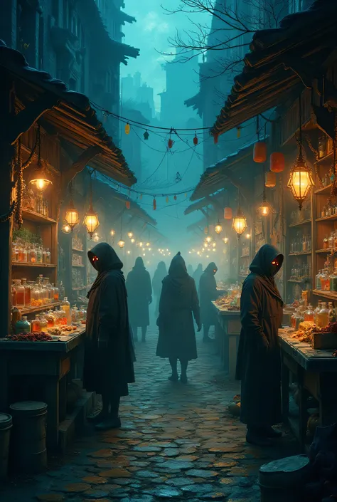 A mysterious marketplace in a dark, enchanted city where traders sell memories, dreams, and shadows instead of physical goods. The vendors have glowing eyes and wear masks, while strange creatures bargain in whispers. The stalls are filled with bottled emo...