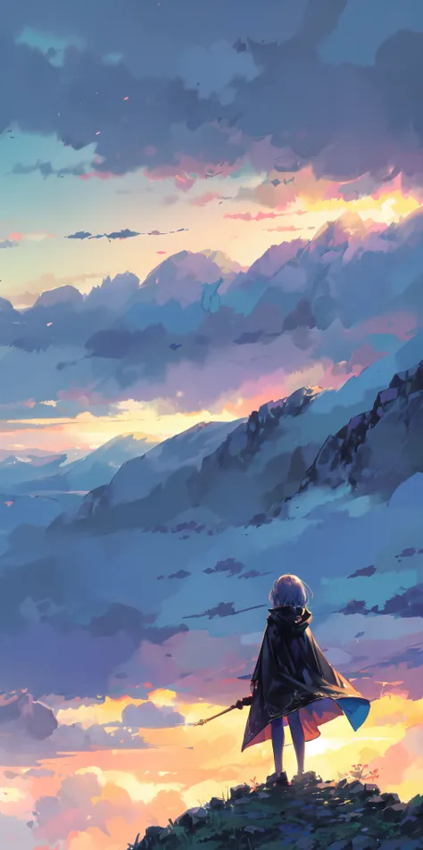 "A mesmerizing day time scene with a girl mesmerized by the beautiful daytime sky and clouds, standing on a mountain top over looking the valley forest, girl has back to the camera creating an awe-inspiring and vivid color palette. The girl is in the corne...