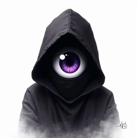 I want a logo.  totally white background. From the center I want a person with a hood, Dark one with the hat on,  that you can't see her face , but instead a single central eye dies, big,  the size of what a face would be. This eye must have purple eyes.