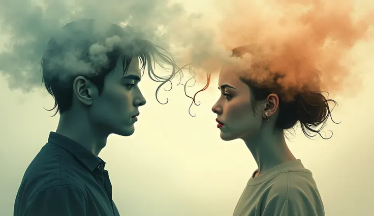 An illustration of two people thinking about each other, with thought bubbles connecting their minds. The scene shows a surreal connection between their thoughts, highlighting the concept of mutual thinking and emotional connection.