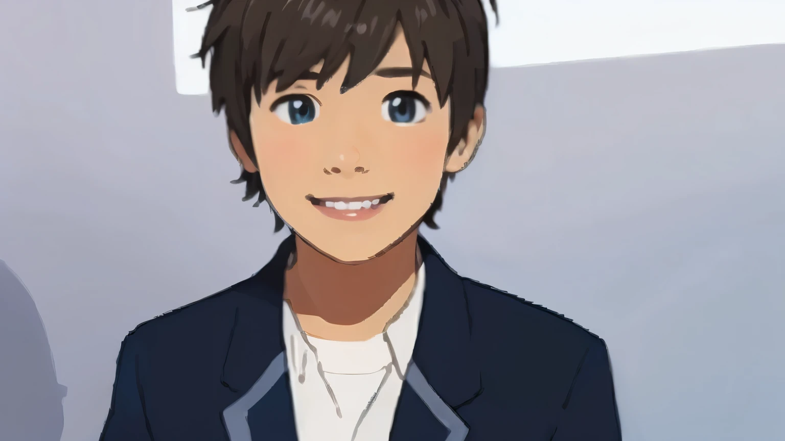 Animation that looks just like the boy in this image、smile、 A casual, relaxed standing position that doesn't stick out of the screen 