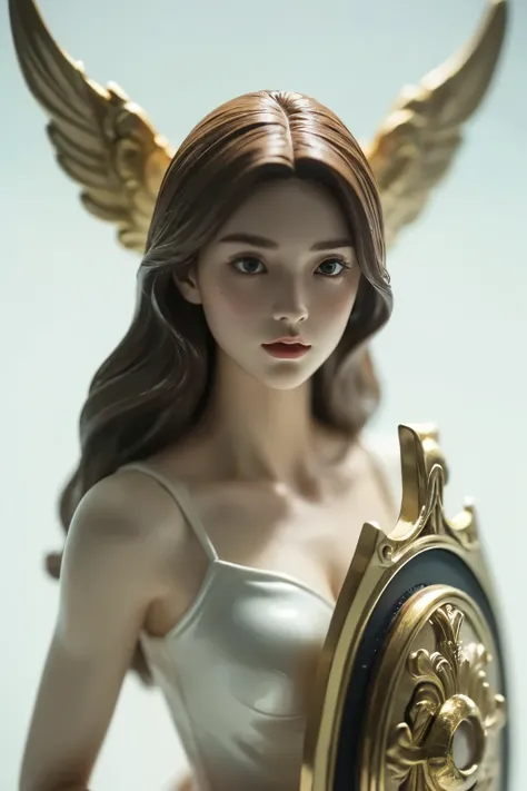 ( young female combat angels:1.2)、(Figure of a Holy Knight 、Put on armor 、 holding a sword and shield ) 、Pure white porcelain figurine 、 (whole body)、 detailed face, detailed skin, beautiful hair、 Delicately Decorated and Delicate , Colorful pai...