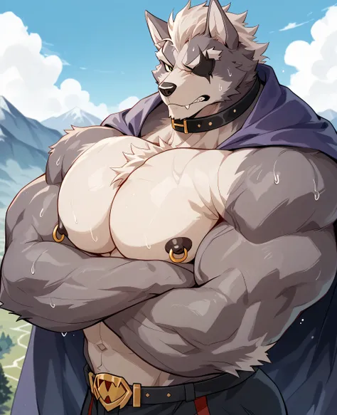 kemono, by null-ghost, by zixiong, solo, male, wolf o'donnell, purple pupil, black eye patch, anthro, black nipples, big nipples, gold nipple rings, sweaty, handsome, broad chest, broad shoulders, muscular, black thong, sexy posing, bedroom eyes, frown, fa...