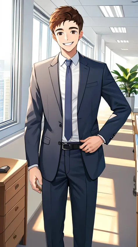 A friendly and approachable young man, wearing a stylish and professional business suit, standing in a bright morning office. He has brown hair and brown eyes, appears to be in his early 20s, and is smiling warmly as he greets you. The atmosphere is cheerf...