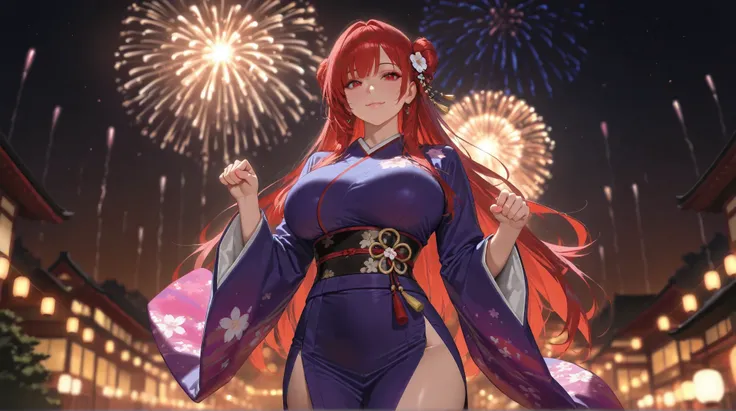 "A beautiful woman wearing a Japanese kimono,(((Only one person))),  thighs、cowboy shot、paw pose、from above
、 long hair, thin waist, I'm ashamed、(((Big Breasts))),Smile、2D, cute, anime style, red eyes, bun hair, (highest quality, 4K, 8k, high resolution, m...