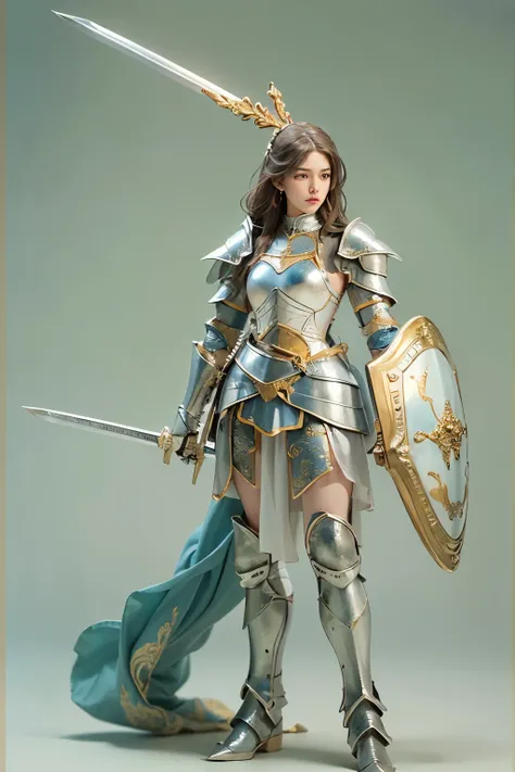  (A young female angel in armor :1.2)、(The figure of a knight、He wears armor, carries a sword, and has a spear and shield:1.2) 、Pure white porcelain figurine  、 (whole body)、   detailed face,   detailed skin,   beautiful hair、   Delicately Decorated and De...