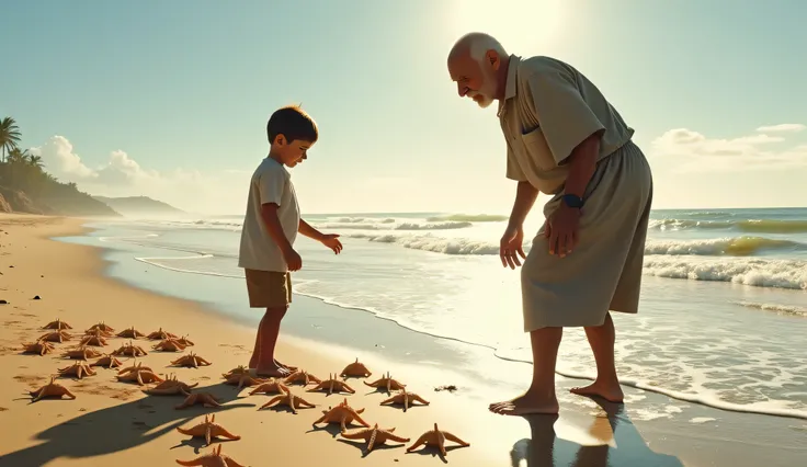 The young boy continues to save starfish, his determination unwavering. The elderly man watches him with admiration, realizing the importance of perseverance. The beach stretches far, with the sun casting long shadows, symbolizing resilience and focus.