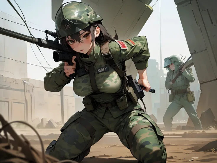 Ultra-high resolution，High-resolution details，Photo-real, Ultra-realistic, (1 Korean female sniper，Super beautiful，Super white skin), (fully armed，Ready to fight:1.5),  (Wearing Army paratrooper camouflage uniform，Wearing a military helmet:1.5), Large brea...