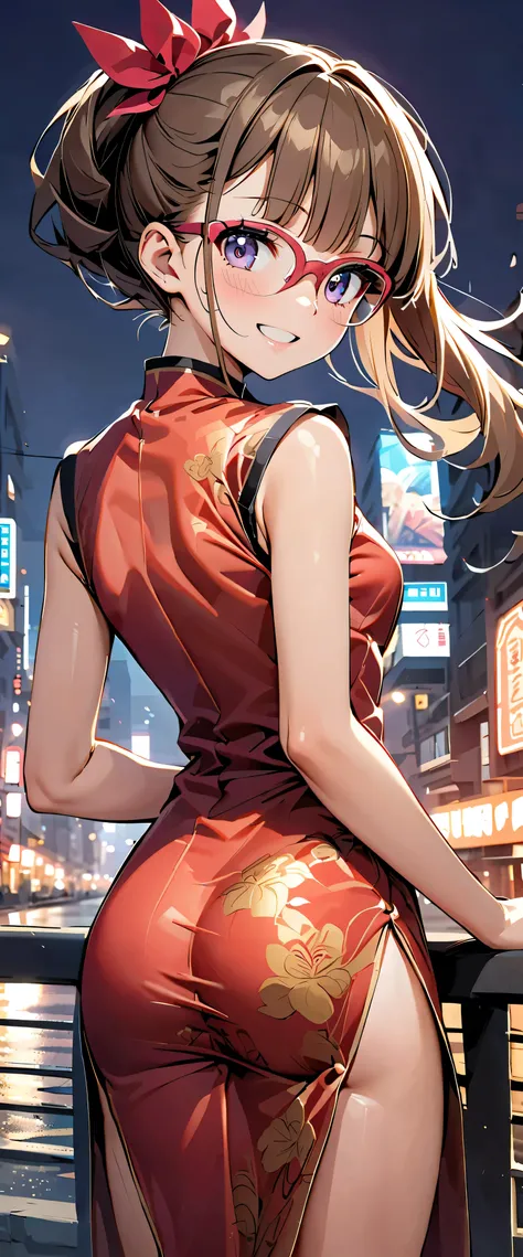 woman,20 years old,city,((( silk Chinese dress ))),, Open Mouth Smile (()),、,(( look back ))()Reflecting Buttocks ,Glasses