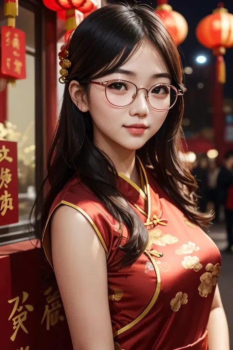 detailed face half body of photo. 20 year old white skin slim body Indonesian girl with a sweet  face,   round face chubby face chubby cheeks and blunt chin and long brown wavy hair, round glasses, wear chinesse red dress with Chinese traditional acsent in...