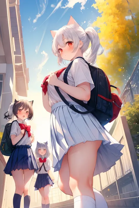 Masterpiece, 4K,

(Three girls in:1.3),
Beautiful girls walking in morning,
Cat ears, (White Ponytail:1.3), Beautiful Red eyes, Plump breast,

blush,

Wearing School uniform, White blouse, White Pleated skirt, Backpack,
Plump breast, 
(From below:1.3)),
Su...