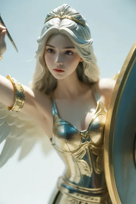 ( Valkyrie )、(A young female angel in armor :1.2)、(The figure of a knight、He wears armor, carries a sword, and has a spear and shield:1.2) 、 (whole body:1.2)、 Pure white porcelain figurine 、  detailed face,     detailed skin,     beautiful hair、Perfect cra...