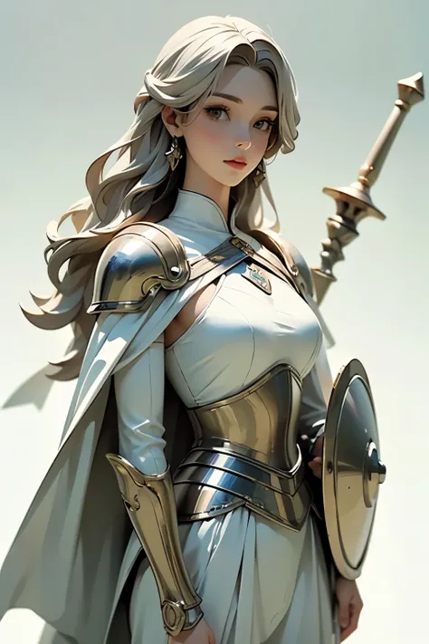 ( Valkyrie )、(A young female angel in armor :1.2)、(The figure of a knight、He wears armor, carries a sword, and has a spear and shield:1.2) 、 (whole body:1.2)、 (Pure white porcelain figurine )、  detailed face,     detailed skin,     beautiful hair、Perfect c...