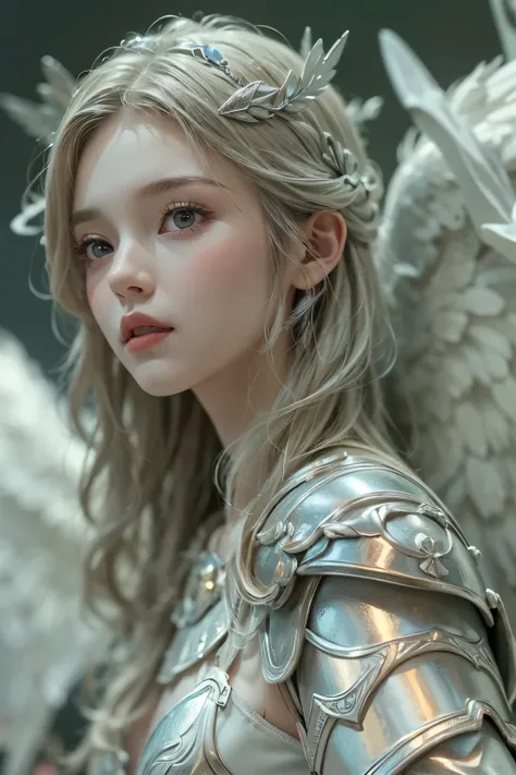 (A young female angel in armor :1.2)、(The figure of a knight、He wears armor, carries a sword, and has a spear and shield:1.2) 、( Valkyrie )、 Angel Wings、 (whole body:1.2)、 (Pure white porcelain figurine )、  detailed face,     detailed skin,     beautiful h...