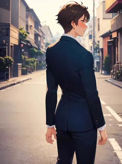 back shot, (looking away:1.5), masterpiece, best quality, Japanese manga style, upper body, (25 year old male) and (short brown hair) and (combed-back hair) and (green eyes), (Wearing a suit: 1.3) and (blue tie), sirious, (blush:1.3), (open mouth:1.1), in ...