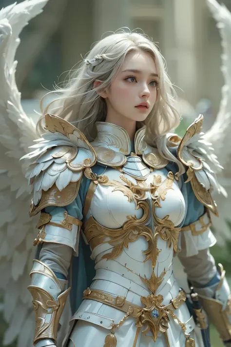 (A young female angel in armor :1.2)、(The figure of a knight、He wears armor, carries a sword, and has a spear and shield:1.2) 、( Valkyrie )、 Angel Wings、 (whole body:1.2)、 (Pure white porcelain figurine )、  detailed face,     detailed skin,     beautiful h...