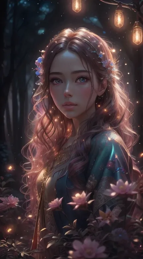 beautiful detailed eyes, beautiful detailed lips, extremely detailed eyes and face, longeyelashes, 1girl, fairy, starry night sky, full moon, long wavy brown hair, pink flowers, glowing fireflies, forest background, mystical, magical, fantasy, ethereal, so...