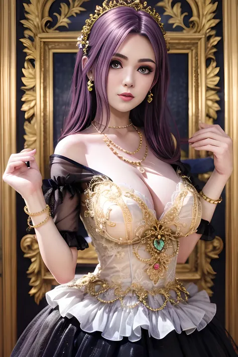 (1girl:1.5) , A charming lady stands confidently in an elegant black lace tulle dress with intricate floral patterns. She looks even more sophisticated with golden accessories, including a necklace and bracelets. The lighting highlights her delicate makeup...