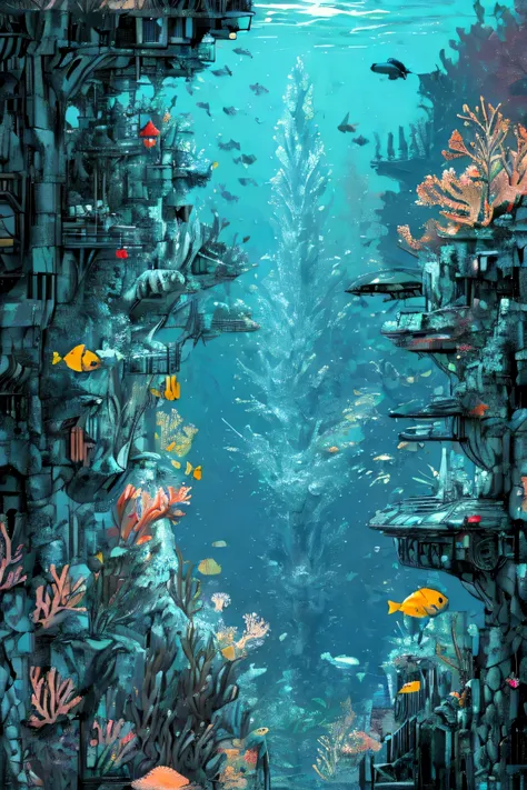 "A scuba diver exploring a mystical, abandoned underwater city. The city features tall, coral-covered structures, glowing marine plants, and schools of fish swimming around, with a massive whale gliding peacefully in the distance