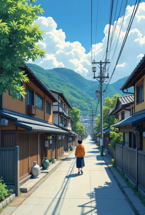 painting of a street scene with a person walking down the street, japanese town, japanese street, japanese village, japanese city, inspired by Hasui Kawase, japanese rural town, japanese art style, detailed scenery —width 672, hiroya oku painterly, inspire...