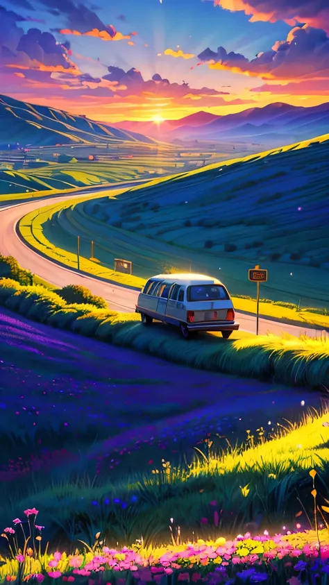 (Better lighting, melhor sombra, obra de arte, alta qualidade), Colorida, vivaz, summer feeling, muitas cores brilhantes, Picture a classic VW Kombi cruising down a perfectly straight highway towards a stunning horizon. The van’s retro design and polished ...