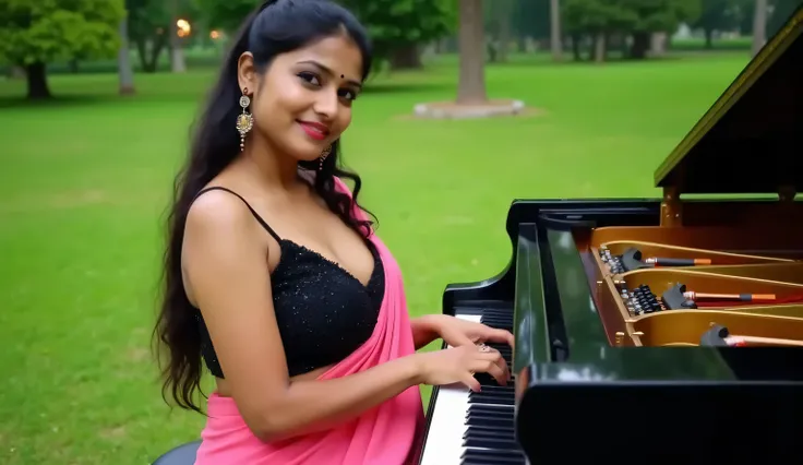 Indian beautiful woman sexy alluring face bhabhi playing piano, Mouth slightly open,Kajal in eyes, red sindoor on forehead, heavy mascara,Giving sexy look to viewer's,big long earrings,(( Wearing sleeveless bikini blouse)),Medium size mole on breast and ar...