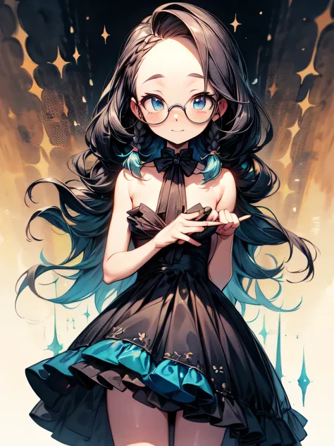 nsfw,Alone,(Resting on Hands), dressed in a cocktail dress, perfect anatomy ,20years old,black 2braids,forehead,glasses,cute face,embarrassed orgasm,chestnut mouth, oiled skin, best quality, top quality, best quality, like a painting, watercolor painting s...