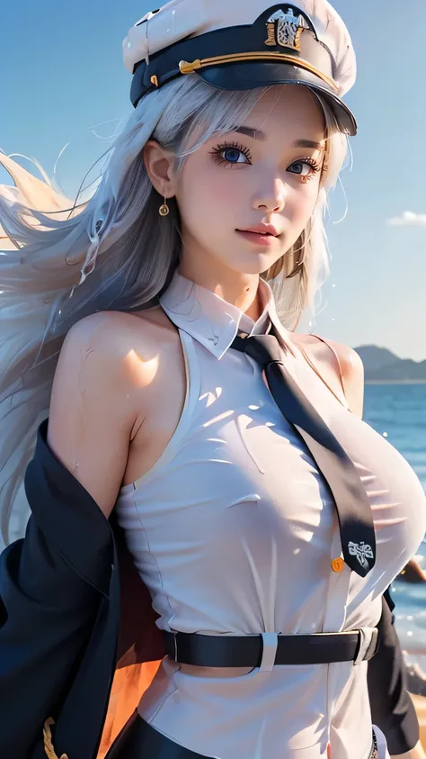 (((   top quality))), (( Masterpiece  )), (   Details),(((( seaside background  )))), ((((((  aaaenter, long hair, hat, white headwear, large breasts, black necktie, sleeveless shirt, white shirt, off shoulder, black coat, open coat, belt, pleated skirt, b...