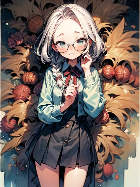 nsfw,Alone,(Resting on Hands),school cardigan, perfect anatomy ,20years old,black 2braids,forehead,glasses,cute face,embarrassed orgasm,chestnut mouth, oiled skin, best quality, top quality, best quality, like a painting, watercolor painting style, The Art...