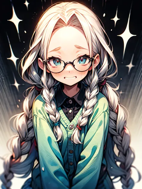 nsfw,Alone,(Resting on Hands),school cardigan, perfect anatomy ,20years old,black 2braids,forehead,glasses,cute face,embarrassed orgasm,chestnut mouth, oiled skin, best quality, top quality, best quality, like a painting, watercolor painting style, The Art...