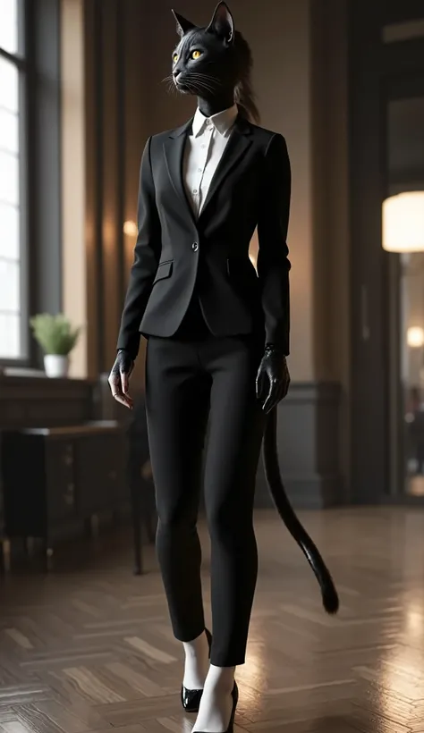 A full-body shot of a cat-human hybrid woman with feline ears and a sleek tail, wearing an elegant black suit tailored to fit her slender yet graceful figure. She is dressed in a well-fitted black blazer with matching trousers, paired with a crisp white sh...
