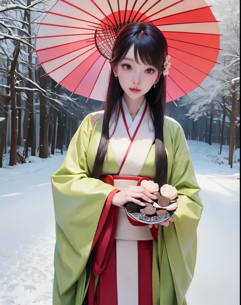 Woman in kimono holding an umbrella in the snow, Inspired by trees,  Beautiful man  , artwork in the style of Gu Weiss, palace ，  girl in Hanfu ,  Gu Weiss, Inspired by Chen Jiru, Inspired by Ren Xiong , Inspired by Nishikawa Sukenobu ,  is inspired by a c...