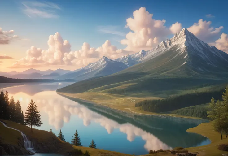 There is a lake in the center of that mountain ,  matte painting by Alexander Kursky, Trending on deviantart,   digital art , 4k highly detailed   digital art ,  detailed landscape — width 672 ,  Amazing Scenery ,  Amazing Wallpaper , Magnificent and beaut...