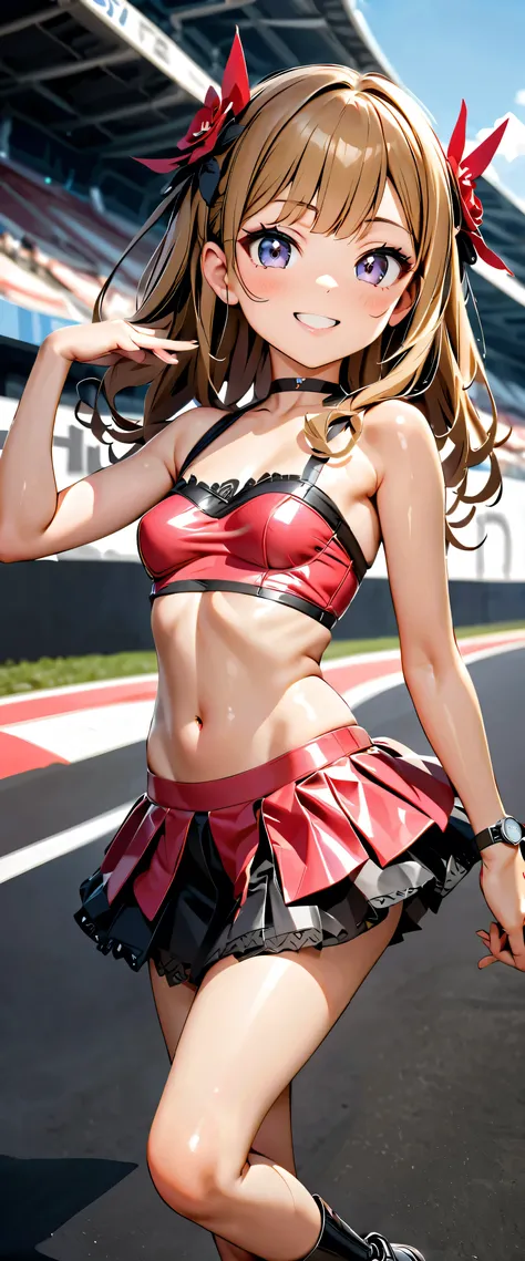  best quality,  super high resolution,  One person,   small breasts,  black choker, smile,  exposes shoulders,  focus only ,  Watch viewers,Fair skin,Car racing track, photon mapping,  Physically Based Rendering,  RAW photos ,  very detailed background, K-...