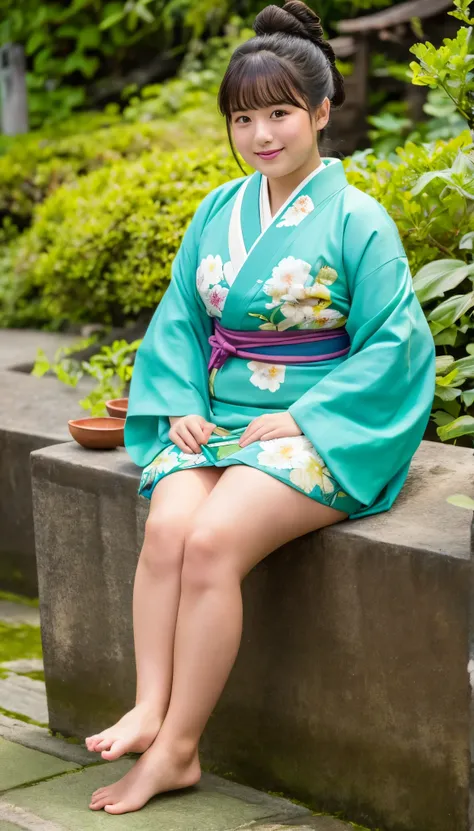 ( Masterpiece),  high quality, 8k,  high resolution,   Japanese woman ,Twenty years old、 slightly chubby 、Amami Kimono 、 Amami Regional Hairstyle 、 Island with Southern Plants、 full body image 、 short kimono like a Buddha 、 show me thighs