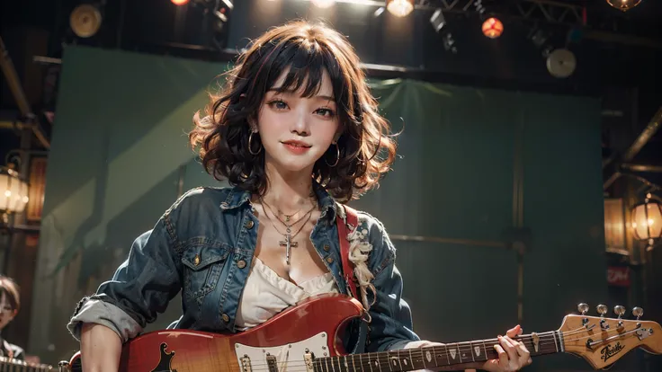  top quality,   masterpiece  , , ( is present: 1.4), Original photo, Denim Shot,   Attractive Smiling Girl Playing Electric Guitar On Live Stage, (dynamic hole ),  long hair and big curly hair  ,  flowing hair,  Red Gradation Hair ,  asymmetrical bangs, Bo...