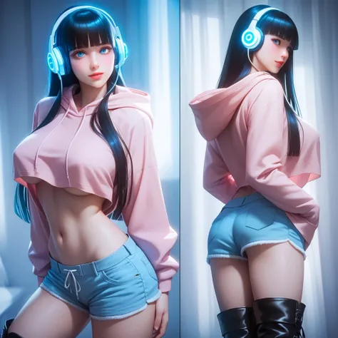 (( black hair))、(Light blue inner hair ),  best quality 、 (  professional lighting without shadows  )、  surreal, (Nipples:0.4),  fascinating、 figure like a slender supermodel、 one girl ,, ( big breasts, Belly button exposed), ( arched ,  Beautiful Skin )),...