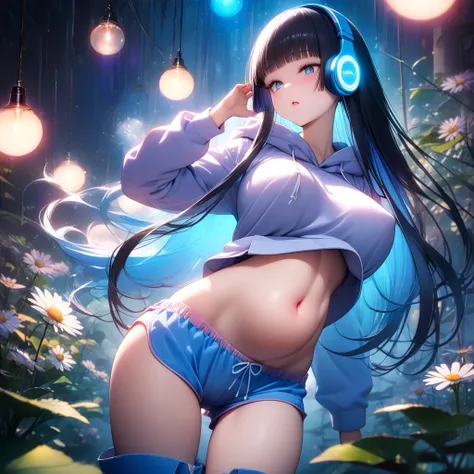 (( black hair))、(Light blue inner hair ),  best quality 、 (  professional lighting without shadows  )、  surreal, (Nipples:0.4),  fascinating、 figure like a slender supermodel、 one girl ,, ( big breasts, Belly button exposed), ( arched ,  Beautiful Skin )),...