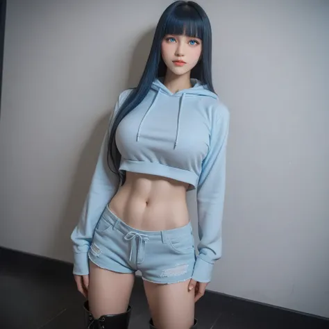 (( black hair))、(Light blue inner hair ), best quality、 ( professional lighting without shadows )、 surreal, (Nipples:0.4), is fascinating、 figure like a slender supermodel、 one girl ,, ( big breasts, Belly button exposed), ( flat at honny, beautiful ...