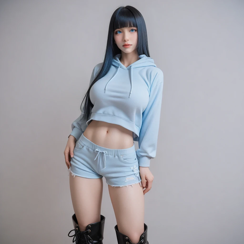 (( black hair))、(Light blue inner hair ), best quality、 ( professional lighting without shadows )、 surreal, (Nipples:0.4), is fascinating、 figure like a slender supermodel、 one girl ,, ( big breasts, Belly button exposed), ( flat at honny, beautiful ...