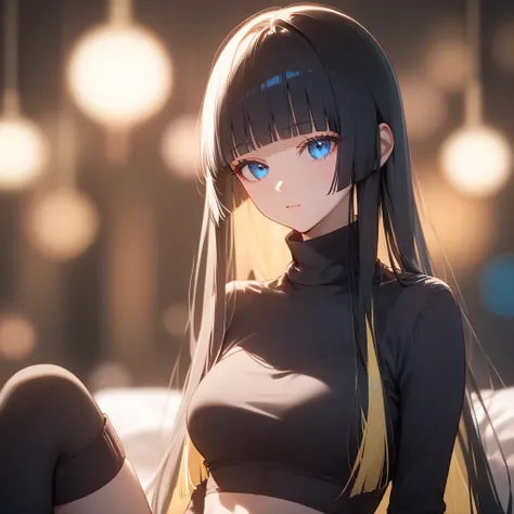 (( black hair))、(yellow inner hair), best quality 、 Masterpiece、( professional lighting without shadows )、 surreal, charming、 figure like a slender supermodel 、 One Girl , ( character in foreground, blurred background), ( medium boobs), (Bright, beautiful ...