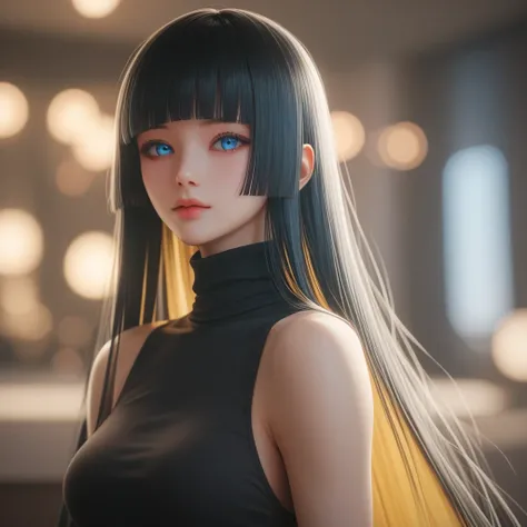 (( black hair))、(yellow inner hair), best quality 、 Masterpiece、( professional lighting without shadows )、 surreal, charming、 figure like a slender supermodel 、 One Girl , ( character in foreground, blurred background), ( medium boobs), (Bright, beautiful ...